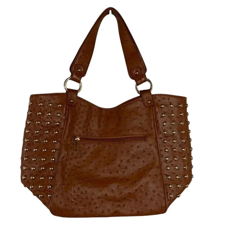 Expressions NYC Tote Bag Large‎ Brown Ostrich Embossed Studded Padlock Accent